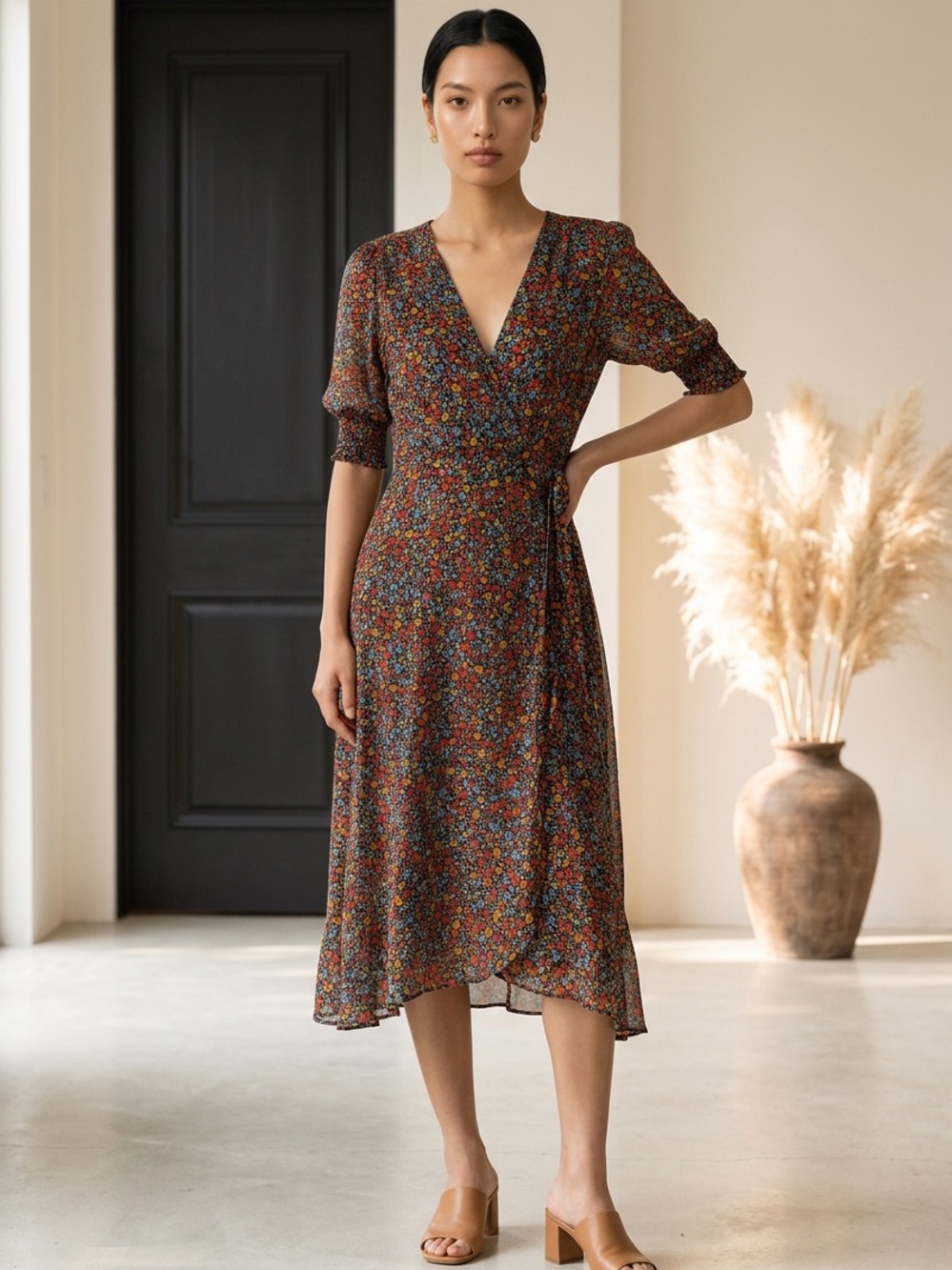 Tommy Hilfiger Floral V-Neck Wrap Midi Dress in Multi-Color Sz10